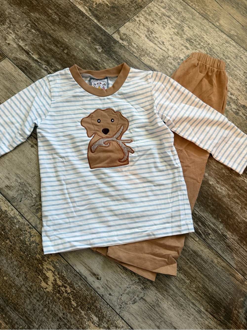 Kids Striped Set with Puppy Applique - Tan & Light Blue